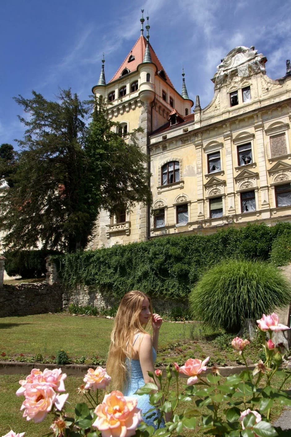 Urška looking back toward the mansion garden