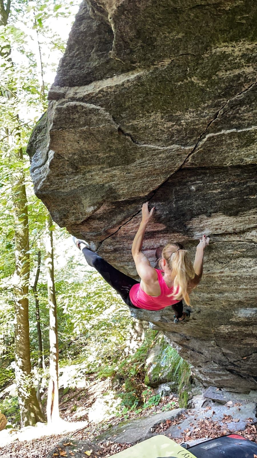 Urška climbing a boulder in the forest