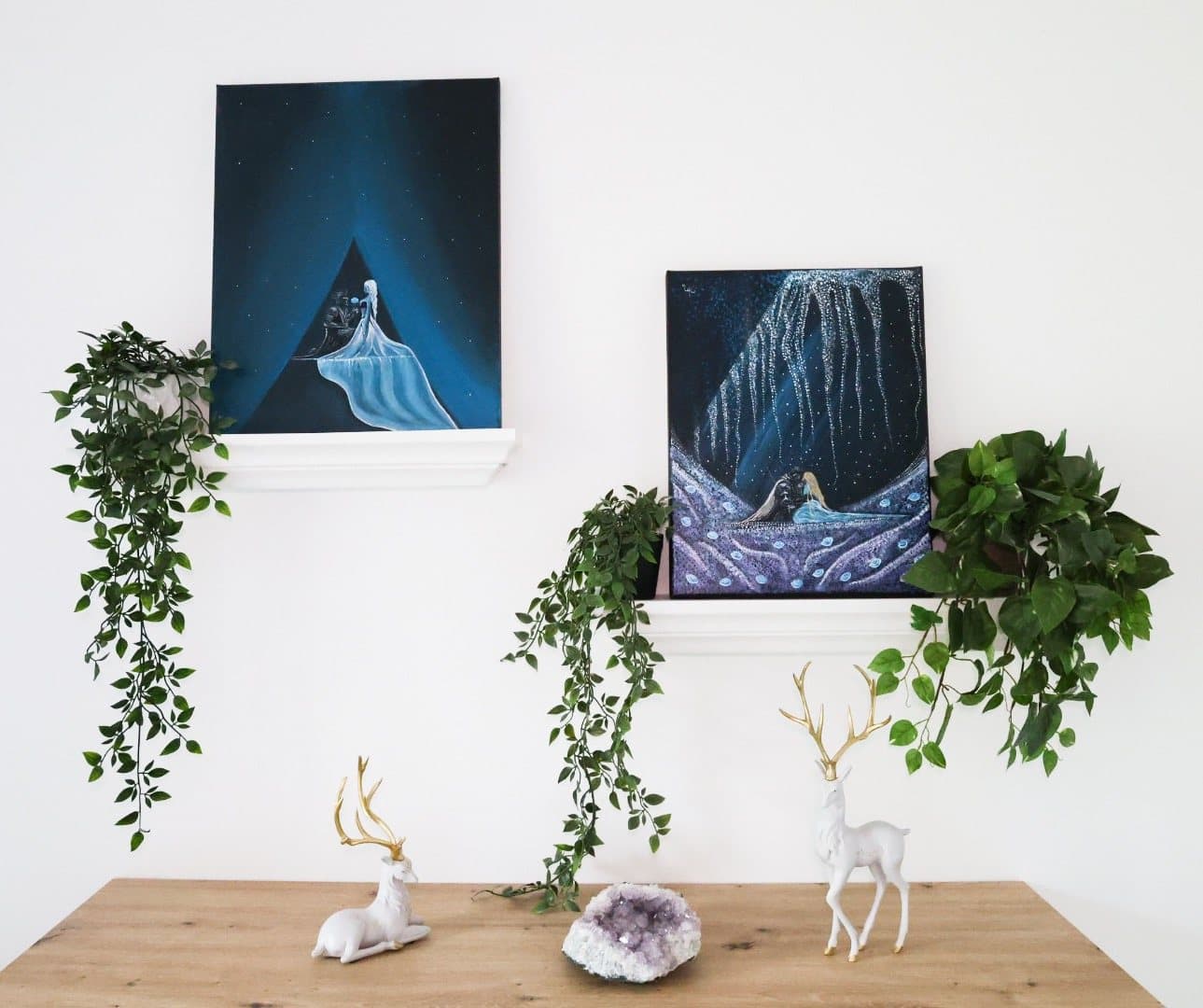 "Eternal Love" and "Blossoming Love" on two white shelves