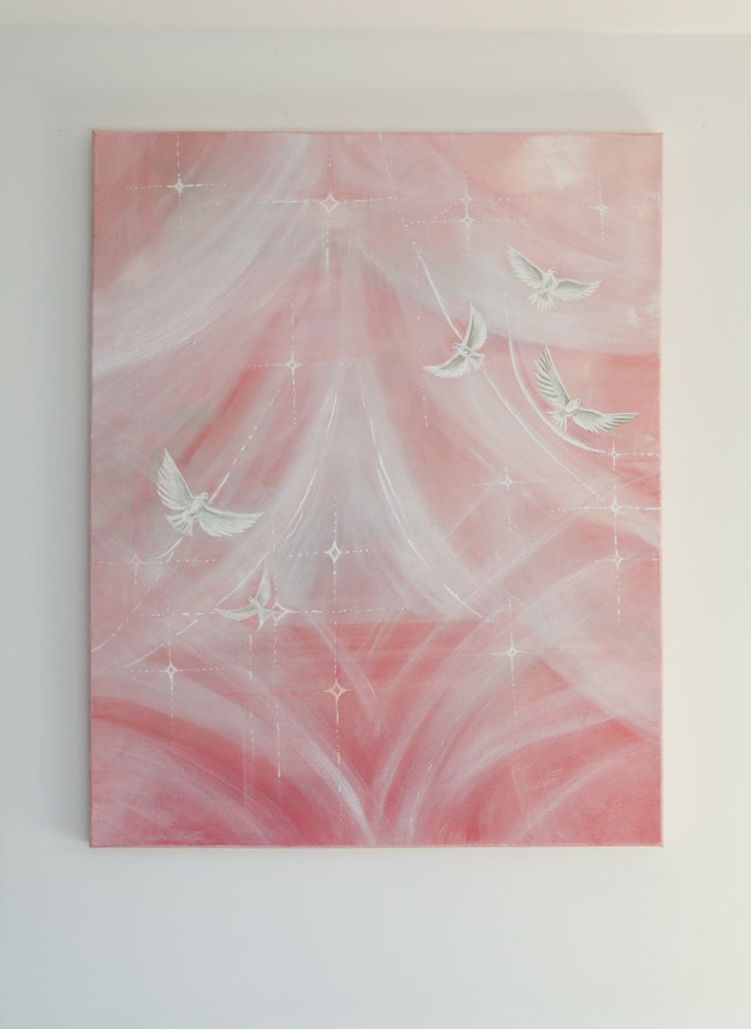"Birds of Light" in full, on a white wall