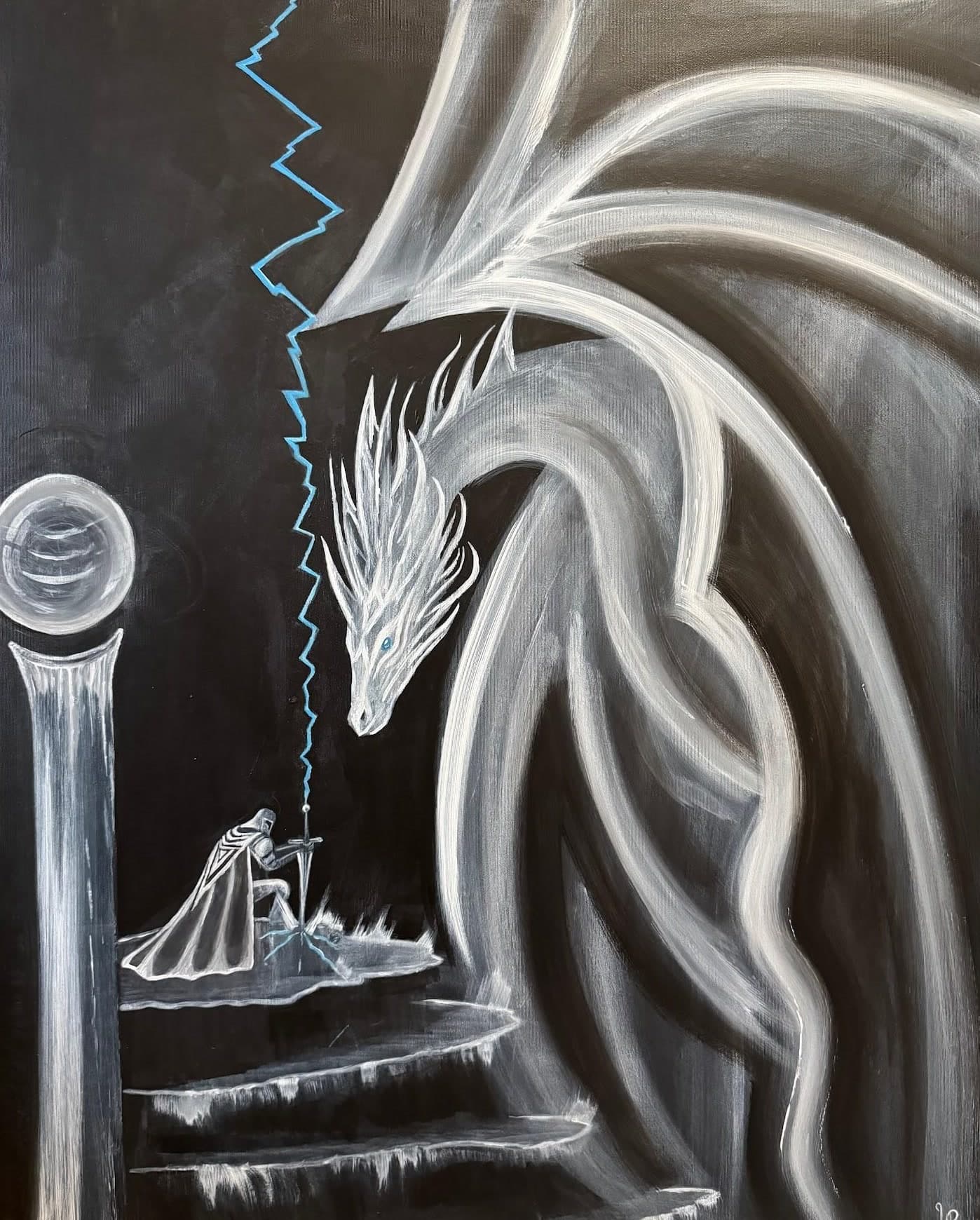 Photograph of an original painting by Urška depicting a large pale dragon coiled protectively above a kneeling knight, connected by a bolt of lightning running from a glowing orb to the knight's sword.