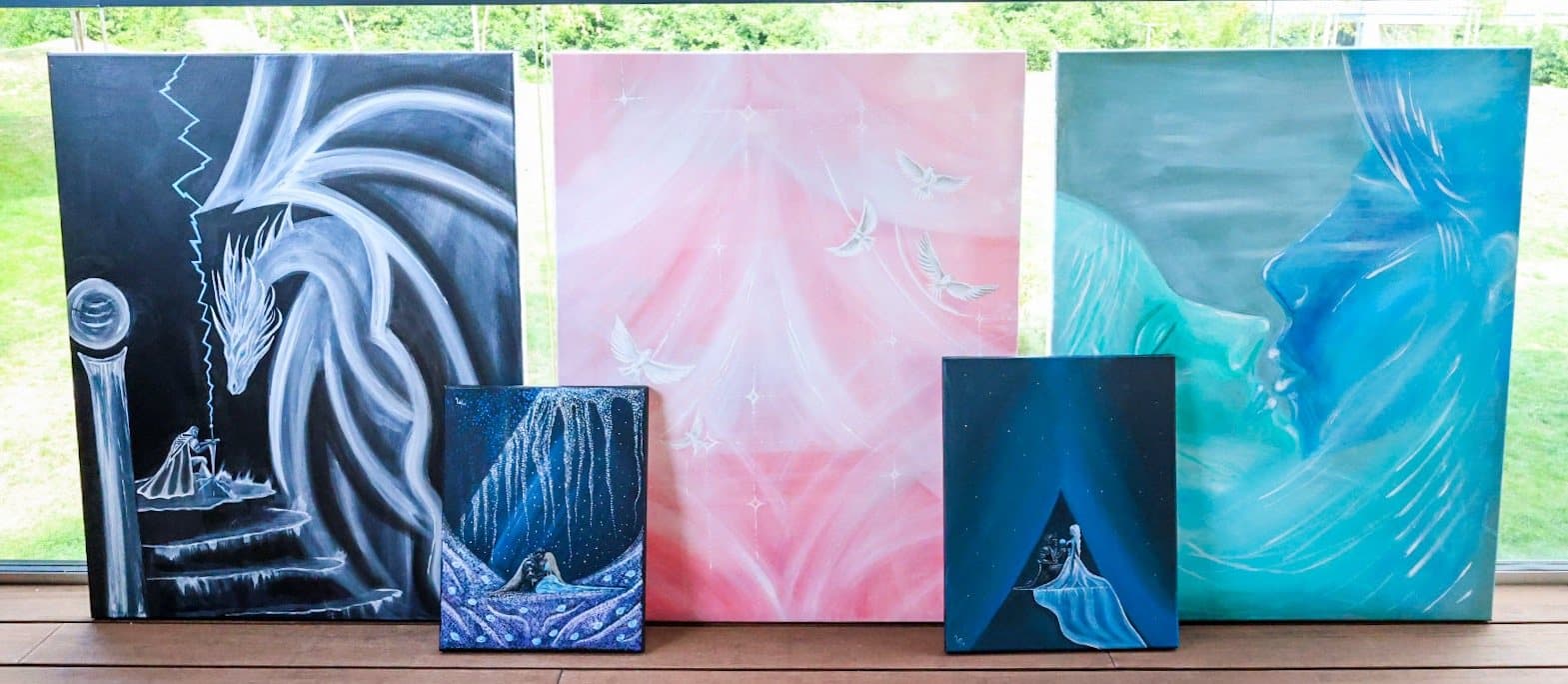 Five originals lined up together against a garden window